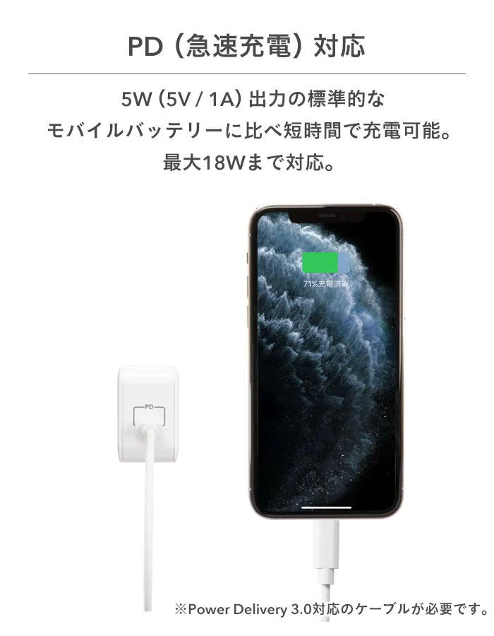 PD対応1ポートType-C AC充電器(ホワイト)【iPhone12/12mini/12Pro/12ProMaxのUSB Type-C（Type-C - lightningケーブル）での充電に便利！】｜Hamee - Image 3
